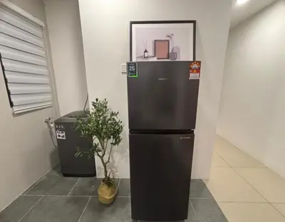 a black refrigerator in a room with a plant at Piccadilly Greentown Premium Suites by IWH Suites in Ipoh