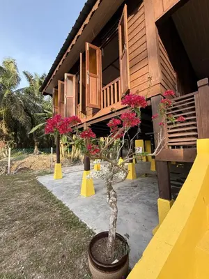 a house with two potted plants in front of it at Laman Warisan Opah Homestay in Manong
