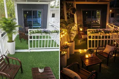 two pictures of a porch with chairs and a table at Galaxy Homestay in Ipoh