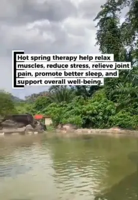 a picture of a river with the words hot spring therapy help relax muscles reduce stress at Eds Hot Spring Villa's in Sungkai