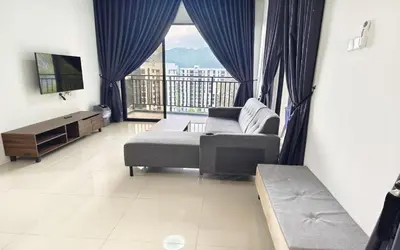 a living room with a couch and a large window at The Cove Signature Hillside Ipoh by MW in Ipoh