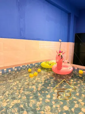 a room with a pool of water with a pink pig in a bathroom at Ipoh Indoor Pool Homestay, BBQ Mahjong, 16 pax 4BR in Ipoh
