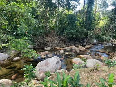 a stream of water with rocks and trees at Desa Ibol Cottage and River - Max 10Pax