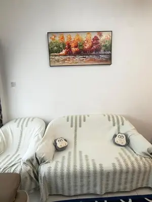 a couch in a living room with a picture on the wall at AYAAN RAFFLESIA Home at Cameron Highland in Tanah Rata