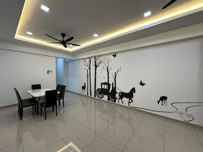a dining room with a wall mural of a horse and carriage at Peace HomestayThe Venus Sitiawan in Sitiawan