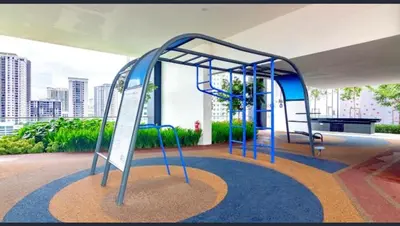 a playground with blue equipment in a city at Wanderlust Retreat 3R by Urban Suites in George Town
