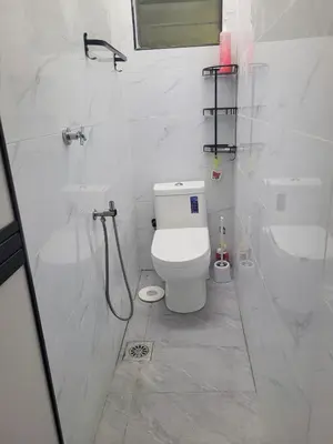 a white bathroom with a toilet and a shower at BUDI HOMESTAY Meru Jaya in Ipoh