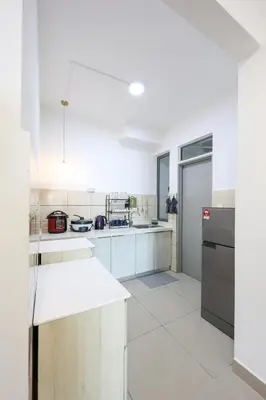 a kitchen with white counters and a white floor at Muji Style Top 5 Palas Horizon Brinchang Cameron Highlands - C Home Luxury A-5-04 in Brinchang