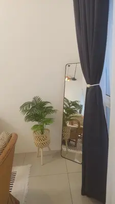 a mirror in a room with a chair and a plant at Rara Homestay in Kampong Selamat
