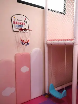 a pink crib with a basketball hoop at Kidello Home Ipoh Indoor Private Playground in Ipoh