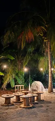 a group of picnic tables on the beach with palm trees at Sekinchan Tiny House in Sekincan
