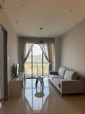 a living room with a couch and a large window at Homey Studio Unit Relaxing Stay at Bayan Lepas in Gua Sai
