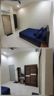 two pictures of a bedroom with a bed and a door at Rizqullah Homestay Ipoh in Ipoh