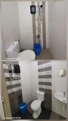 two pictures of a bathroom with a toilet and a sink at Rizqullah Homestay Ipoh in Ipoh