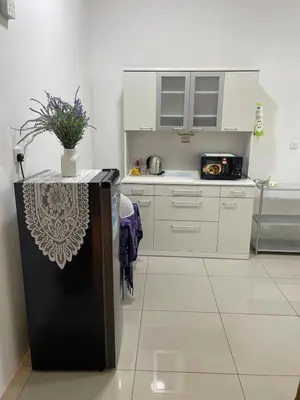 a kitchen with a black refrigerator with a plant on top at NN Homestay Tasek Gelugor in Kampong Selamat