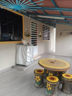 a cat sitting on a table in a room at Empatnurul Homestay Ipoh in Ipoh