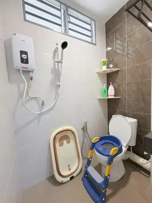 a bathroom with a toilet and a walk in shower at Cozy Homestay 6-10pax Double storey in Bukit Mertajam