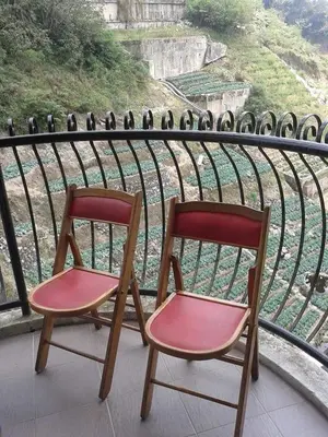 two chairs sitting on top of a balcony with birds at Rose Apartment Kea Farm in Cameron Highlands