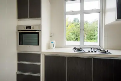 a kitchen with a stove and a microwave at New Shamrock Beach Villas Seaview in Batu Ferringhi