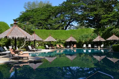 a swimming pool with chairs and umbrellas at Shangri-La Rasa Sayang, Penang in Batu Ferringhi