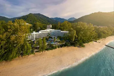 an aerial view of a resort on the beach at Hard Rock Hotel Penang in Batu Ferringhi