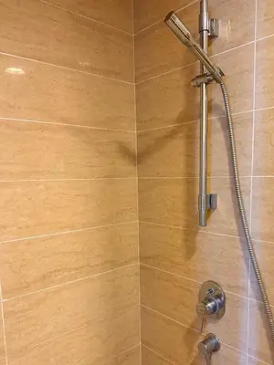 a shower with a shower head in a bathroom at By The Sea Suites - Managed by SDBMS in Batu Ferringhi
