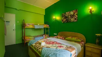 a green bedroom with two beds and a bunk bed at Orchid Haven in Cameron Highlands