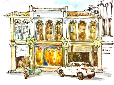 a drawing of a building with a car in front at JQ Ban Loong Boutique Hotel in Ipoh