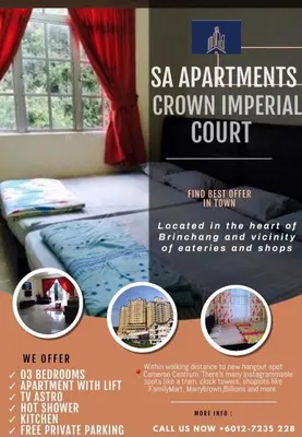 a flyer for a gym imperialism court with a bed and a window at SA Apartments @ Crown Imperial Court in Cameron Highlands