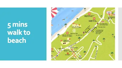a map of a beach and a map of a walk to the beach at HUPO Guest Room in Batu Ferringhi