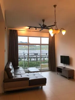 a living room with a couch and a large window at Golden Hill 1 Room Apt at Night Market in Cameron Highlands