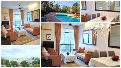 a collage of pictures of a living room with a pool at Partial Seaview with Wifi, Batu Ferringhi in Batu Ferringhi