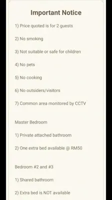 a screenshot of a cell phone screen with a list of important notes at H2O Apartment in Cameron Highlands