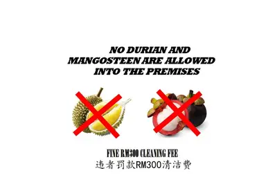 no durian and margarita are allowed into the premises poster at 3-Bed Executive Suite, RumahKu @CEO in Bayan Lepas