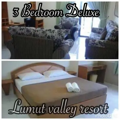 two pictures of a bedroom with a bed and a living room at Lumut Valley Resort Condominium in Lumut