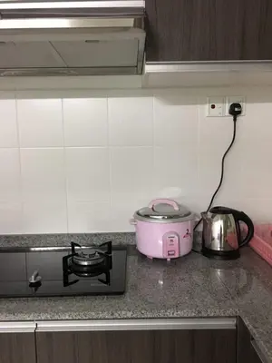 a kitchen counter with a stove and a pot and a toaster at Muslim Homestay Apartment in George Town