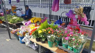 a display of flowers on a table at a market at My 2Rooms Apartments @ Golden Hills Pasar Malam in Cameron Highlands
