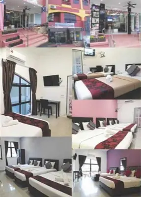 a collage of four pictures of a room with beds at Max Ferringhi Hotel in Batu Ferringhi