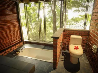 a bathroom with a toilet and a bath tub at MaliHom Private Estate in Balik Pulau