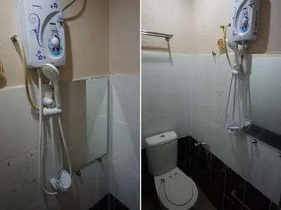 two pictures of a bathroom with a toilet at Hotel Seri Pauh in Perai