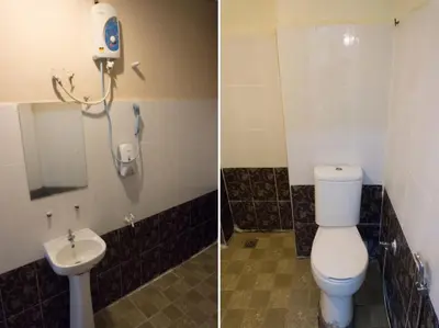 two pictures of a bathroom with a toilet and a sink at Hotel Seri Pauh in Perai