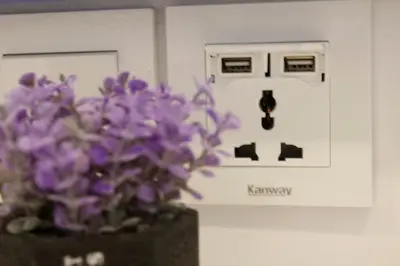 a vase of purple flowers in front of a switch at H2H - Marine Home @ Majestic Ipoh (8~10 Guests) in Ipoh