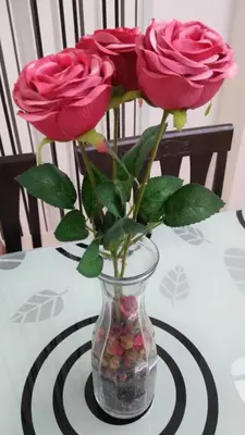 a glass vase with two roses on a table at MaiHomestay Seri Iskandar in Seri Iskandar