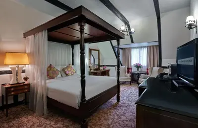 a bedroom with a canopy bed and a television at The Lakehouse Cameron Highlands in Ringlet