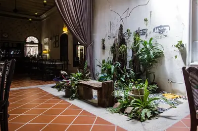 a room with plants on the wall and a table at Carnarvon House in George Town