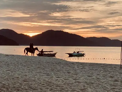 a person on a horse on a beach with a boat at The View Feringghi Executive Apartment in Batu Ferringhi