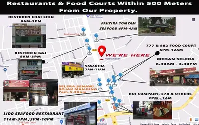 a map of food courts within meters from our property at Hotel Sitiawan in Sitiawan