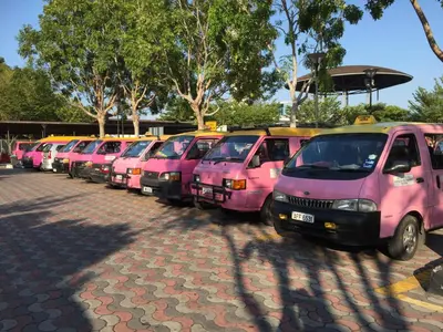 a row of pink vans parked in a row at Pangkor Damai in Pangkor