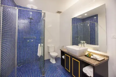 a bathroom with a toilet and a sink and a shower at Apple Heritage Hotel in George Town