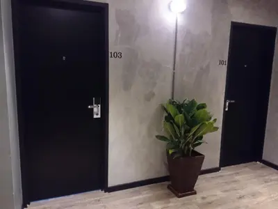 a hallway with two doors and a potted plant at 68 Boutique Hotel in Sitiawan
